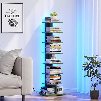 TUTOTAK Narrow Bookshelf, 8-Tier Bookcase with LED Lights, Spine Book Shelf for Small Space, Corner Standing Shelf for Living Room, Office, Study, Entryway, Olive Green BS06BOG008L