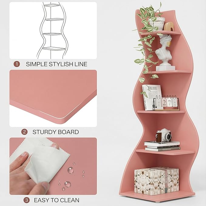 Arvolia 70 Inch Corner Shelf Stylish Design,Modern 5-Tier Wall Corner Bookshelf,Stylish Corner Small Bookcase Storage Rack Plant Stand with Unique Shape for Home Office (Pink)