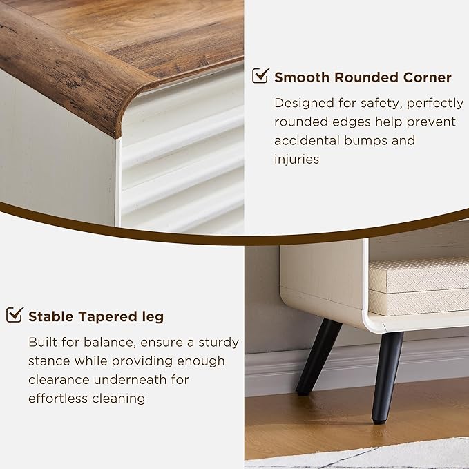OKD Entryway Table with Sliding Slatted Door, 46" Mid Century Modern Wood Console Table w/Adjustable & Open Storage Shelf, Sofa Table Behind Couch for Hallway, Foyer, Living Room, Antique White