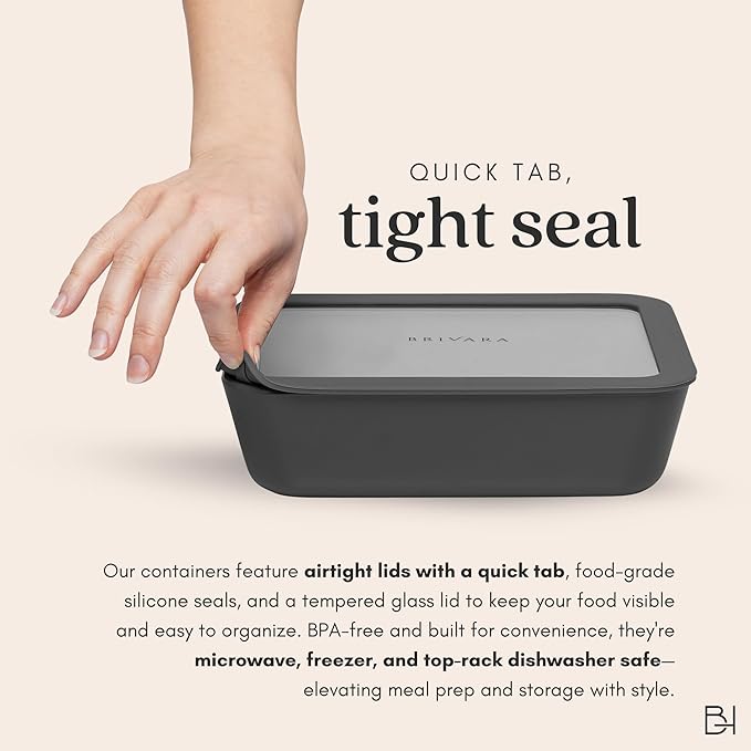 BRIVARA HOME Ceramic Coated Glass Food Storage Container | No PTFE, PFOA, PFAS, and BPA | Reusable Non Toxic Meal Prep Container with Glass Lid | Easy To Store | 3 Cup Rectangle [Onyx]