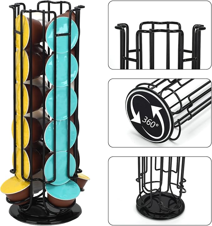 Rotating Coffee Pod Holder for Dolce Gusto Capsules,360° Spinning Coffee Capsule Carousel,48 Pod Capacity Metal Wire Storage Rack,Countertop Coffee Organizer Stand for Kitchen & Office (Black)