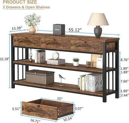 HSH Entryway Table with 3 Drawers, 55” Rustic Sofa Table with Storage Shelves, 3 Tier Console Table Behind Couch for Living Room, Farmhouse Wood Metal Entry Hallway Table for Entrance, Brown, 55 inch