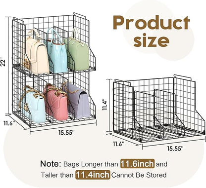 Sonyabecca Purse Organizer for Closet,2-Pack Adjustable&Stackable Purse Storage Organizer Dividers for Open Cabinets,Wire Storage Baskets for Purses/Handbags/Clutches-Black