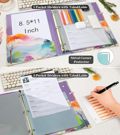 3 Ring 1 Inch Binder Organizer, BVSSX Three Ring Binders with Clipboard, 5-Tabs Pockets Dividers, Plastic Folder, 18 Divider Stikers,Pen Loop (Rainbow Trail, Letter Size)