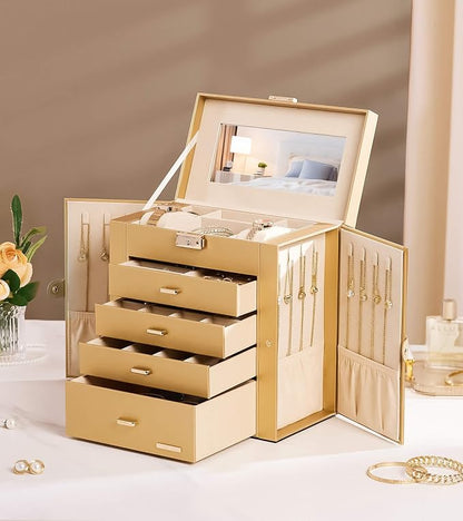 Homde Mothers Day Gifts Synthetic Leather Huge Jewelry Box Mirrored Watch Organizer Necklace Ring Earring Storage Lockable Gift Case (Gold)