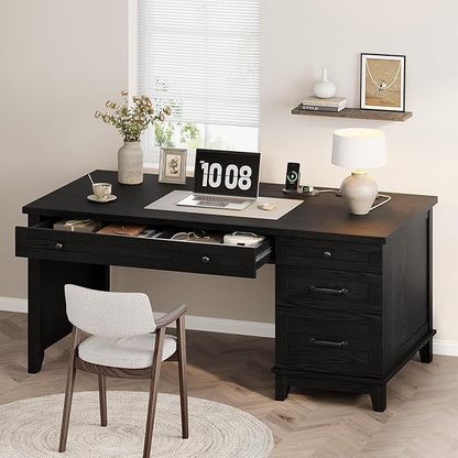 53.5" Farmhouse Home Office Desk with File Cabinet, Wooden Executive Desk with Power Outlet, Work Desk with Drawers, Traditional Wood Desk for Home and Office, Black