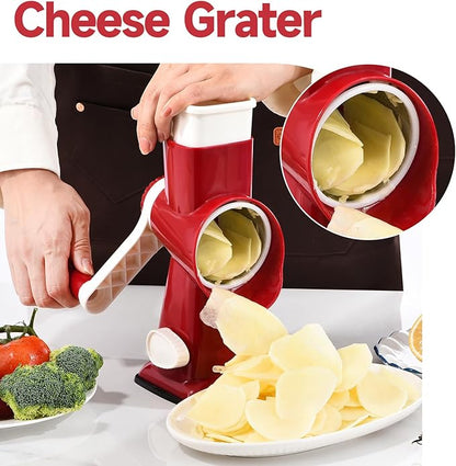 Rotary Cheese Grater with Handle Kitchen Shredder Slicer Grater Slicer Ice Shaver Cheese Vegetable Nuts Potato Zucchini Chocolate 3 Interchangeable Blades (RedWhite)