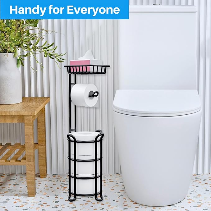 Toilet Paper Holder Stand with Shelf, Free Standing Tissue Roll Storage Rack with Dispenser for Bathroom, Black