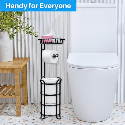 Toilet Paper Holder Stand with Shelf, Free Standing Tissue Roll Storage Rack with Dispenser for Bathroom, Black