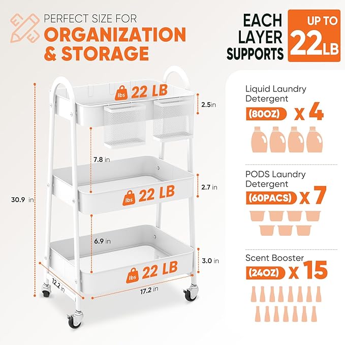 Sekey 3 Tier Rolling Cart, Hanging Cups, Hooks, Heavy Duty Mesh Rolling Storage Cart Organizer with 2 Lockable Wheels for Bathroom, Kitchen, Office, Craft, Makeup, Baby Essentials, White