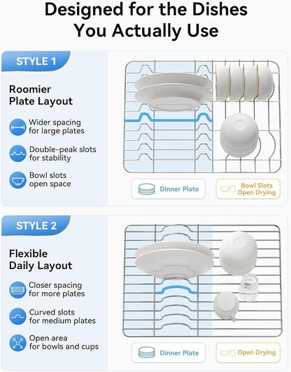 SUNLY Large Dish Drying Rack, Expandable Dish Rack for Kitchen Counter, 304 Stainless Steel Space Saving Dish Drainer with Multifunctional Flip Up Pegs