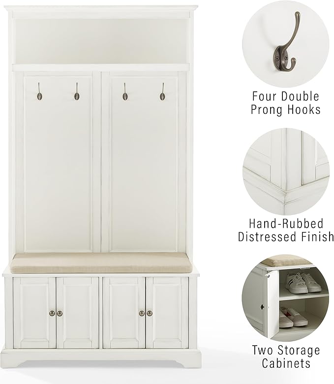 Crosley Furniture Holbrook Hall Tree with Shoe Rack Bench and Coat Hooks for Hanging Storage, Distressed White