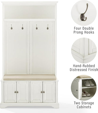Crosley Furniture Holbrook Hall Tree with Shoe Rack Bench and Coat Hooks for Hanging Storage, Distressed White