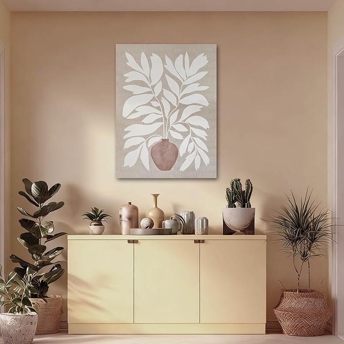 ZENPEE Boho Botanical Wall Art, Neutral Beige Canvas Prints, Framed, Ready to Hang, Modern Farmhouse Decor for Living Room Bedroom 24x32 inch