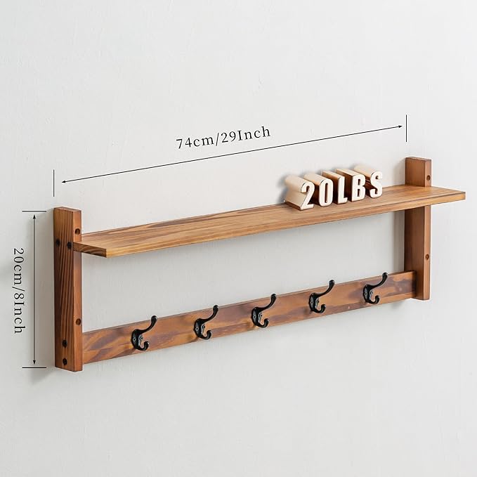 29Inch Wall Mounted Coat Rack with Hooks and Shelf - Large Rustic Wood Coat Hangers for Hats, Keys, Towels, Robes – Functional Entryway Wall Organizer for Bathroom, Kitchen, Mudroom – Brown