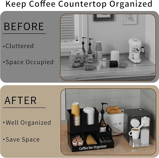Coffee Station Organizer, Wooden Coffee Bar Organizer for Countertop, Condiment and Cup Storage Organizer, Bar Accessories for Kitchen, Office, Home, Small Black