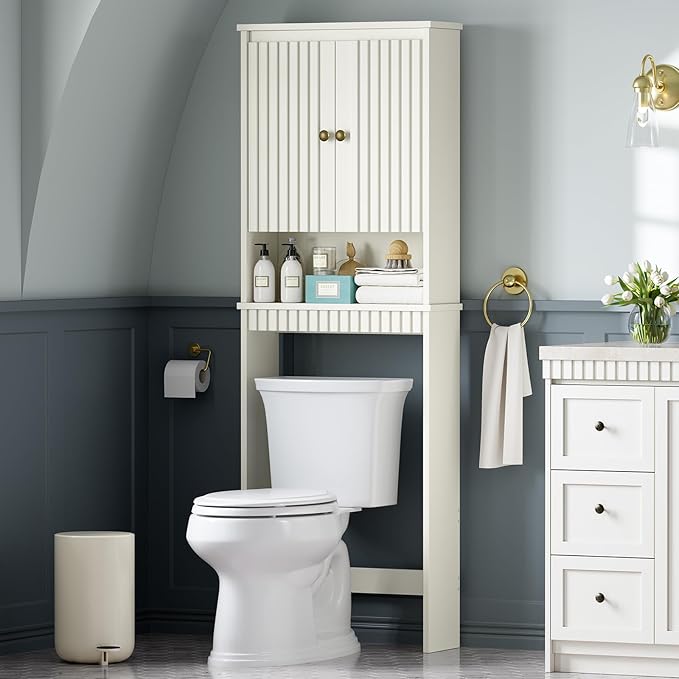 Over The Toilet Storage Cabinet, Over Toilet Storage with Fluted Door, Over The Toilet Storage Bathroom Organizer Bathroom Shelf Over Toilet, Behind Toilet Storage Cabinet Organizer,Cream White