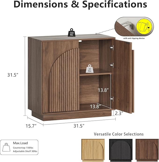 win2win Fluted Sideboard Buffet Cabinet with Storage, 31.5" Mid Century Modern Accent Cabinet with Double-Layered Arch Door, Small Wood Console Credenza for Dining Living Room Entryway, Walnut, 2PCS