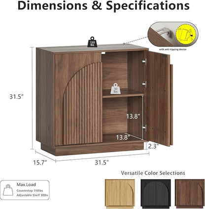 win2win Fluted Sideboard Buffet Cabinet with Storage, 31.5" Mid Century Modern Accent Cabinet with Double-Layered Arch Door, Small Wood Console Credenza for Dining Living Room Entryway, Walnut, 2PCS