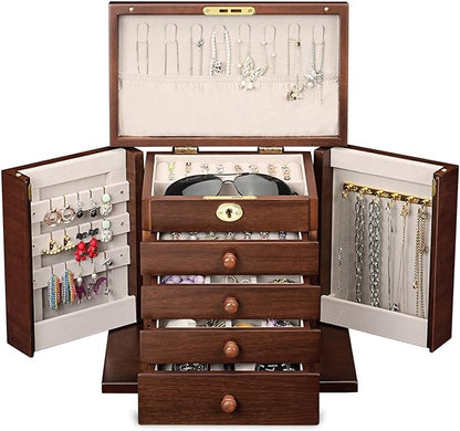 wooden Jewelry Box and Organizer - 8-Layer Lockable Wooden Jewelry Boxes for Women - Large Jewelry Boxes and Organizer with Key,Gift for Wife,dresser top jewelry box with lock