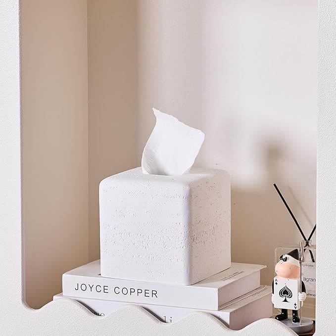 White Natural Travertine Textures Square Tissue Box Cover Holder, Resin Tissue Box Holder Decorative for Bathroom, Vanity, Kitchen Countertop, Bedroom Night Stands, Office Desk Top