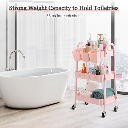 danpinera 3-Tier Rolling Cart, Utility Cart Mobile Metal Rolling Storage Cart with Lockable Wheels & Hanging Cups & Hooks for Kitchen, Bathroom, Office, Workshop, Pink