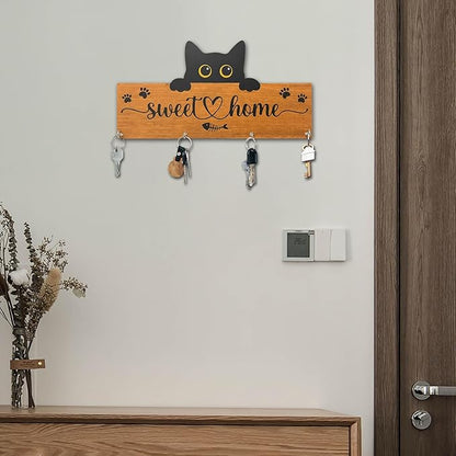 Cat Sweet Home Wooden Key Holder for Wall - 5"x10" Key Organizer Hanger with 4 Hooks for Front Door Hallway Entryway Kitchen - Home Office Decor & Housewarming Gifts Supplies - A07