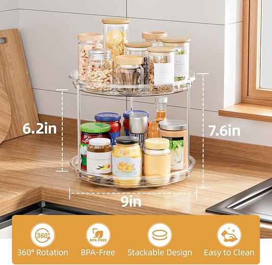 LAMU 2 Tier Lazy Susan Turntable Organizer for Cabinet, 9'' Rotating Spice Rack for Kitchen, Pantry, Countertop, Bathroom, Vanity, Under Sink, Medicine Cabinet Organizer, 4 Pack