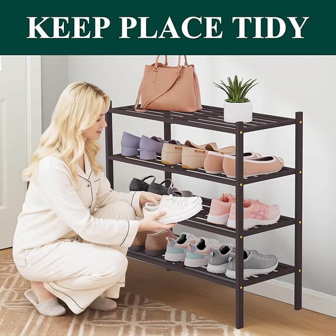 Smiry Bamboo Shoe Rack 4-Tier, Stackable Wooden Shoe Organizer for Entryway & Closet, Free Standing Wood Shoe Storage Shelf for Front Door & Small Spaces, Brown