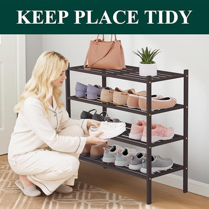 Smiry Bamboo Shoe Rack 4-Tier, Stackable Wooden Shoe Organizer for Entryway & Closet, Free Standing Wood Shoe Storage Shelf for Front Door & Small Spaces, Brown