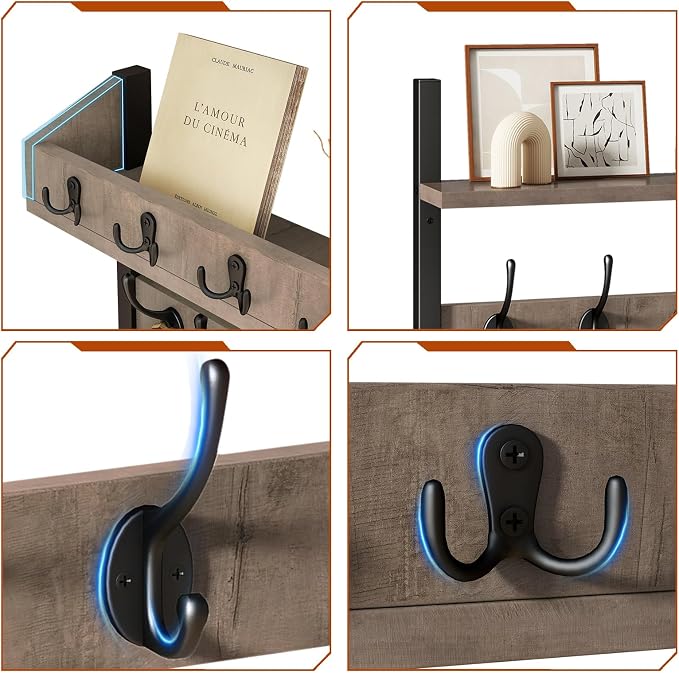 YMYNY 31.5" Coat Rack Wall Mount with Shelf, 4 in 1 Key and Coat Hanger with 12 Metal Hooks, Wall Shelf with Hooks & Mail Holder for Living Room, Bedroom, Silver Gray, HWS007Y-2