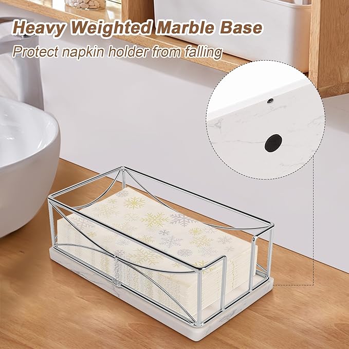 Livabber Guest Napkin Holder, Metal Bathroom Paper Hand Towel Storage Modern Napkin Tray Caddy for Countertop, Table Kitchen, Dinning Room (Chrome, Marble Base)