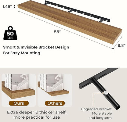 Dreamland 55 Inches Floating Shelves for Wall, 9.8" Deep Long Floating Shelves Set of 2, Large Display & Storage Shelf, Wall Shelf for Bathroom Bedroom Living Room Kitchen Office, Walnut