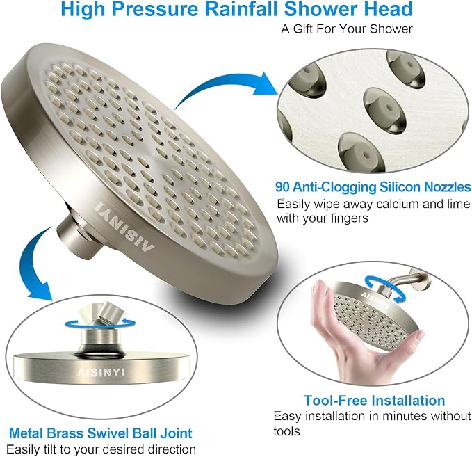 High Pressure Rainfall Shower Head, 6 Inches Showerhead with Perfect Adjustable Replacement, Removable Restrictor, Easy Installation for Your Bathroom Shower Heads(Brushed Nickel + Shower Arm)