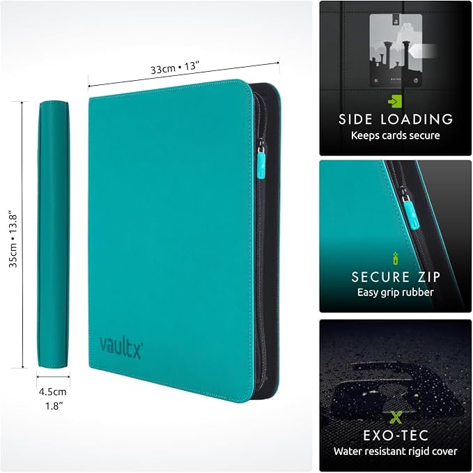 Vault X 12 XL Pocket Zip Binder, 624 Cards, Exo-Tec Material, 26 Side-Loading Pages (Teal)