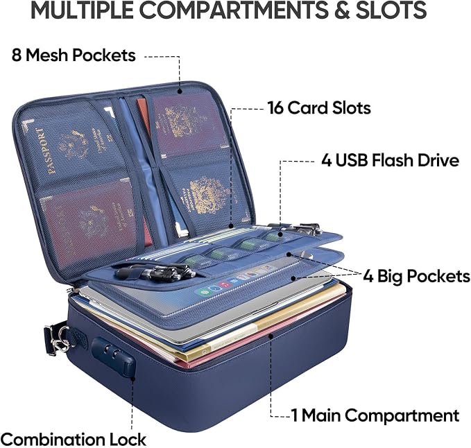BALEINE Fireproof Document Box with Lock, Portable Fireproof Document Bag Waterproof Fire Proof File Boxes for Documents, File Organizer Box for Important Paperwork (Blue, 15''x11''x4'')