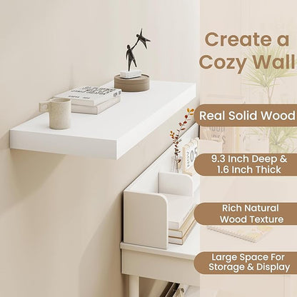 Fun Memories White Floating Shelves 48 InchLong, 9 Inch Deep Floating Shelves, Solid Wood Shelves for Home Decor, Deep Storage & Display Shelves for Living Room, Bathroom, Kitchen, Set of 1
