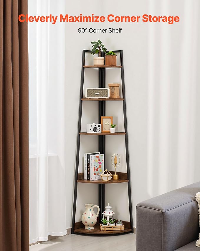 VEVOR 5 Tier Corner Shelf, Tall Corner Bookshelf Plant Rack, Wall Shelves Tower Storage Organizer with Metal Frame & Wooden Shelves, Narrow Display Book Shelf Rack for Bedroom, Living Room, Office