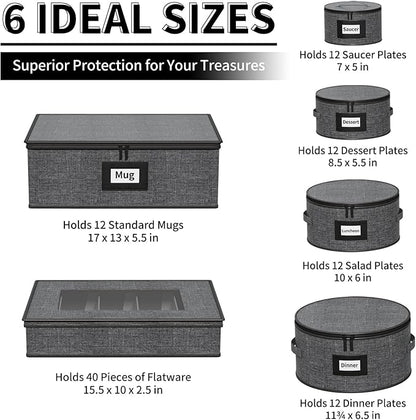 Aokeyee 6-Piece China Storage Containers Set, Hard Shell Moving Boxes for Dishes, Plates, Mugs & Flatware – Dinnerware Organizer with Soft Felt Dividers, Sturdy Handles & Zippers, Grey