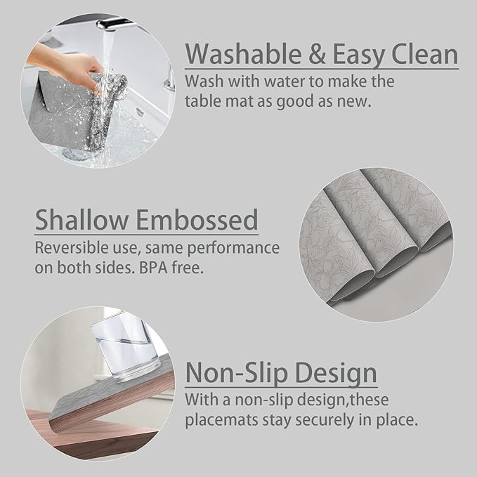 SolaraDawn Faux Leather Table Placemats Set of 6, Washable, Wipeable & Heat-Resistant Table Mats, Waterproof Dining Place Mats with Embossed Texture for Kitchen & Dining, Light Gray, 17" × 12"