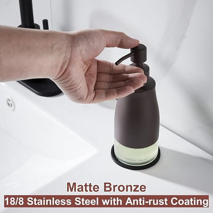 Gaussra Matte Brown Soap Dispenser with Coaster and Stickers, Stainless Steel and Glass Bottle Hand Pump Dispenser, Refillable Liquid Hand Soap Dispenser for Bathroom & Kitchen (11OZ / 320ML)