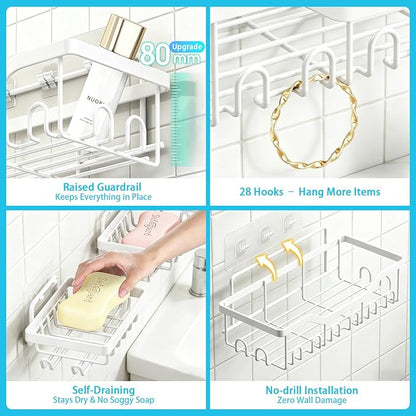 Fammart Adhesive Shower Caddy, 5-Pack Rustproof Stainless Steel Bathroom Organizer with 28 Hooks, No-Drill Large Capacity Shower Shelves for Bathroom Storage & Home Décor, White