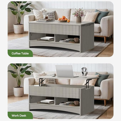 Marsail Lift-Top Coffee Table, Fluted Center Table with Hidden Compartments, Smooth Lifting & Space-Saving Design, Versatile Wood Coffee Table for Living Room and Office, Grey
