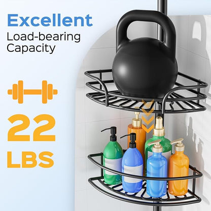 HAMITOR Corner Shower Caddy Tension Pole: 4-Tier Large Capacity Bathroom Organizer Shelf with Towel Bar - Rustproof No-Drill Adjustable 47-123 inch Storage for Renters, Home Bathtub Stand Rack, Black
