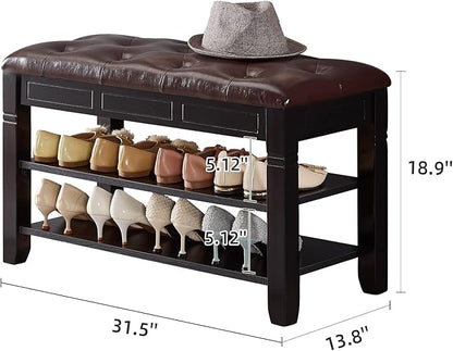 Shoe Storage Bench with Cushion, Entry Bench with Storage Solid Wood Shoe Bench Ideal for Entryway Living Room and Corridor (Black, 31.5'')