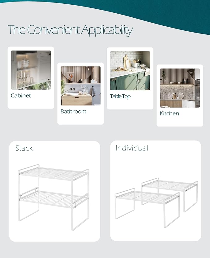 Shantton 2Pack Kitchen Cabinet Shelf Counter Organizer Rack Pantry Storage Bathroom Bedroom Office Table Desk Space Saving Stackable Rust Resistant Non Slip White Wide L16.1in W10.6in H7.3in