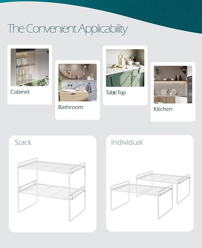 Shantton 2Pack Kitchen Cabinet Shelf Counter Organizer Rack Pantry Storage Bathroom Bedroom Office Table Desk Space Saving Stackable Rust Resistant Non Slip White Wide L16.1in W10.6in H7.3in