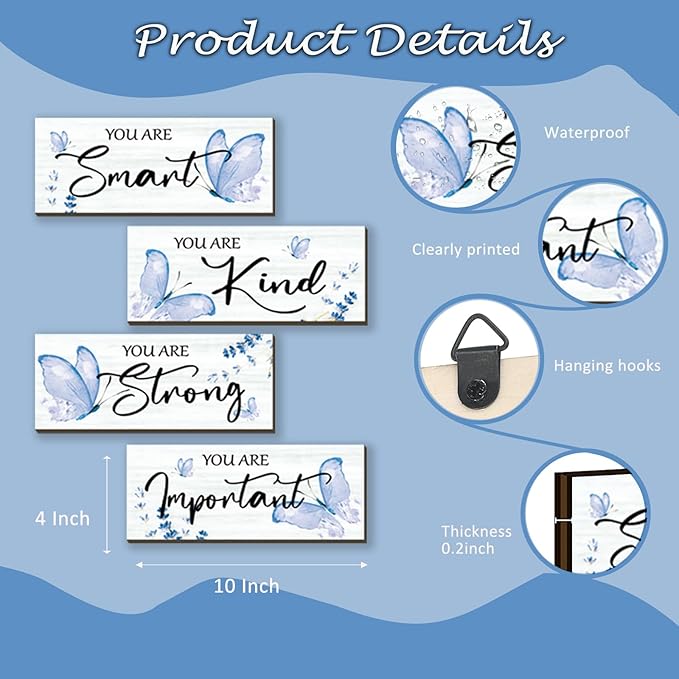 DONFENTHY 4 Pcs Butterfly Wall Decor Blue Room Decor Wooden Positive Decor with Butterfly Inspirational Word Sign for Teen Girls Women Room Bathroom Bedroom Office Decor(Blue,10x4 Inch)