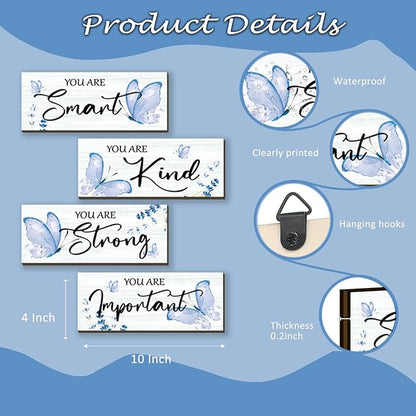 DONFENTHY 4 Pcs Butterfly Wall Decor Blue Room Decor Wooden Positive Decor with Butterfly Inspirational Word Sign for Teen Girls Women Room Bathroom Bedroom Office Decor(Blue,10x4 Inch)