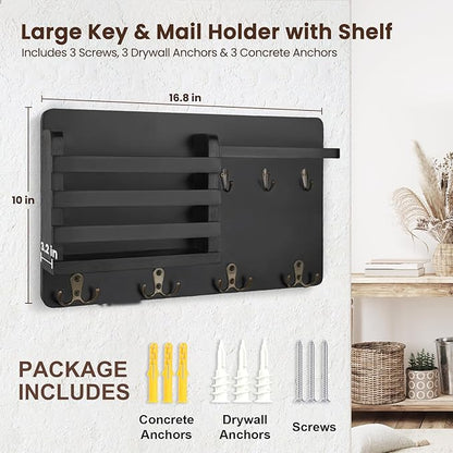 Nekon Mail Holder for Wall Mail Organizer with Key Hooks Hallway Farmhouse Decor Storage Racks with Floating Shelf and Flush Mount Hardware (16.8Inch x 10Inch x 3.2Inch)